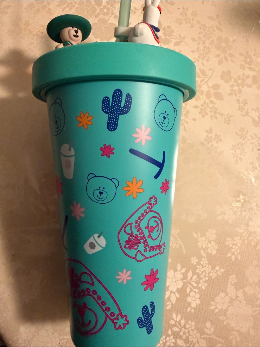 Starbucks Travel Cup with Straw - Teal Bear & Cactus Design